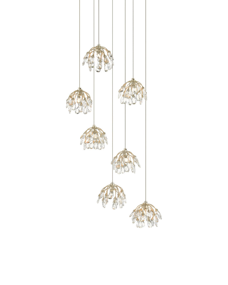 Crystal Bud 7-Light Round Multi-Drop Pendant in Clear / Contemporary Silver Leaf / Silver