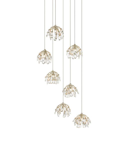 Crystal Bud 7-Light Round Multi-Drop Pendant in Clear / Contemporary Silver Leaf / Silver