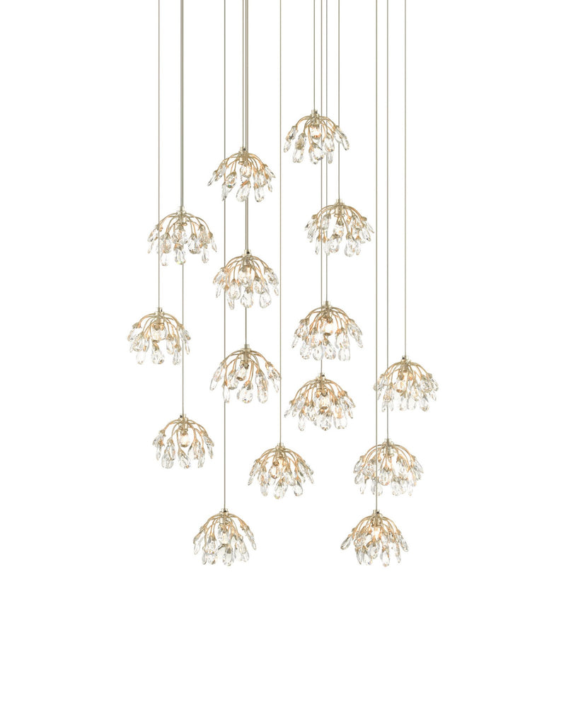 Crystal Bud 15-Light Round Multi-Drop Pendant in Clear / Contemporary Silver Leaf / Silver