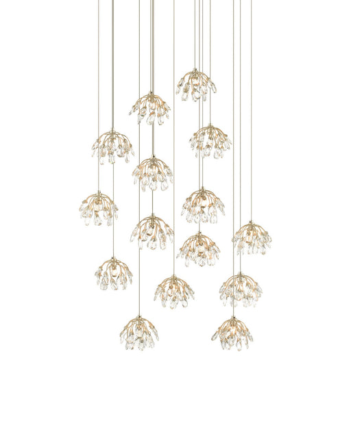 Crystal Bud 15-Light Round Multi-Drop Pendant in Clear / Contemporary Silver Leaf / Silver