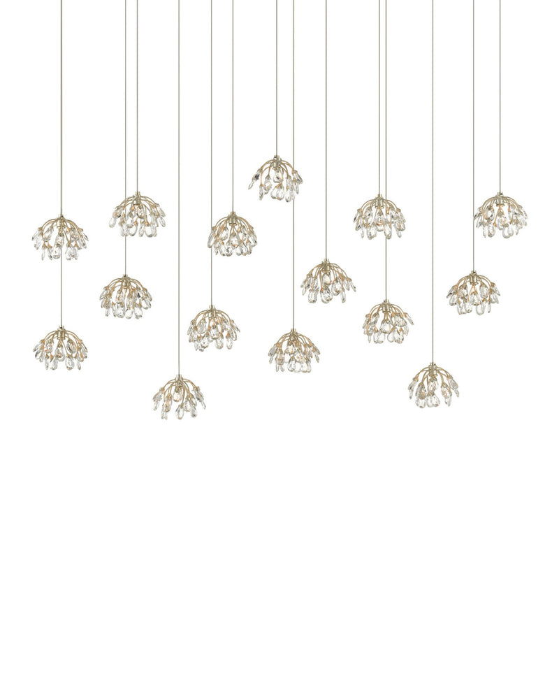 Crystal Bud 15-Light Linear Multi-Drop Pendant in Clear / Contemporary Silver Leaf / Silver