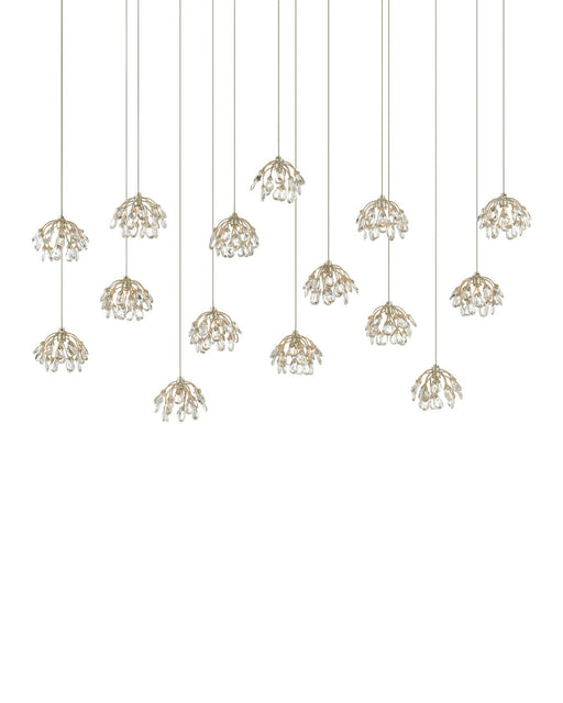 Crystal Bud 15-Light Linear Multi-Drop Pendant in Clear / Contemporary Silver Leaf / Silver