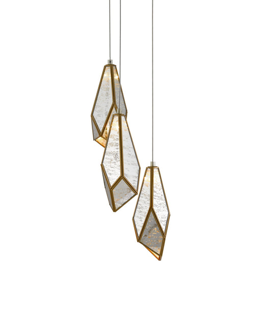 Glace Mirror 3-Light Round Multi-Drop Pendant in Raj Mirror / Antique Brass / Silver