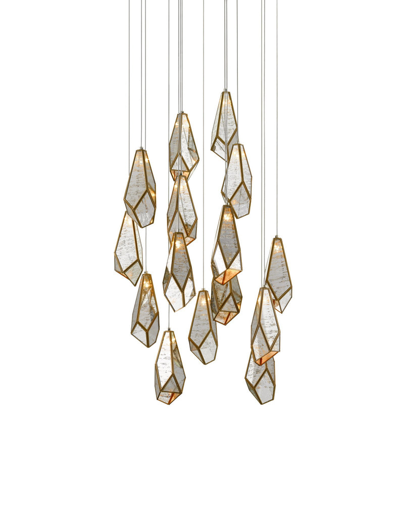 Glace Mirror 15-Light Round Multi-Drop Pendant in Raj Mirror / Antique Brass / Silver