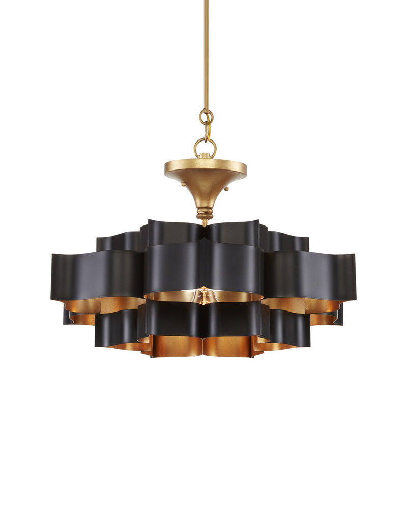 Grand Lotus Small Drum Pendant in Satin Black / Contemporary Gold Leaf
