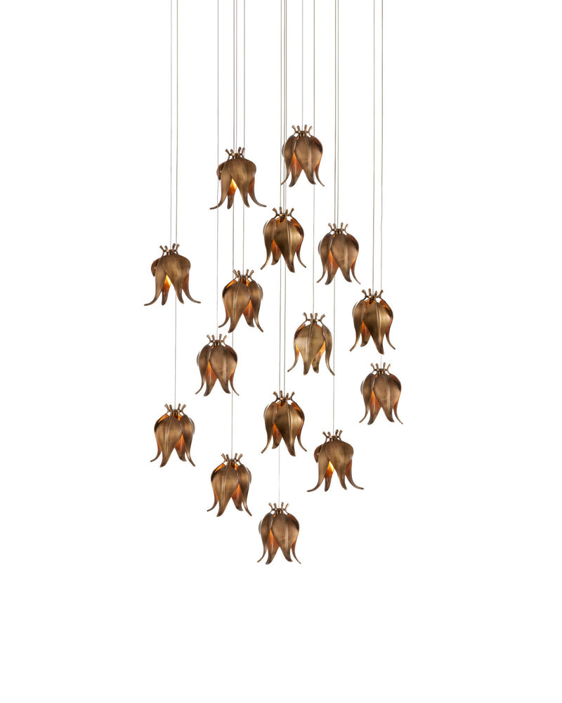 Iota 15-Light Round Multi-Drop Pendant in Antique Brass / Silver