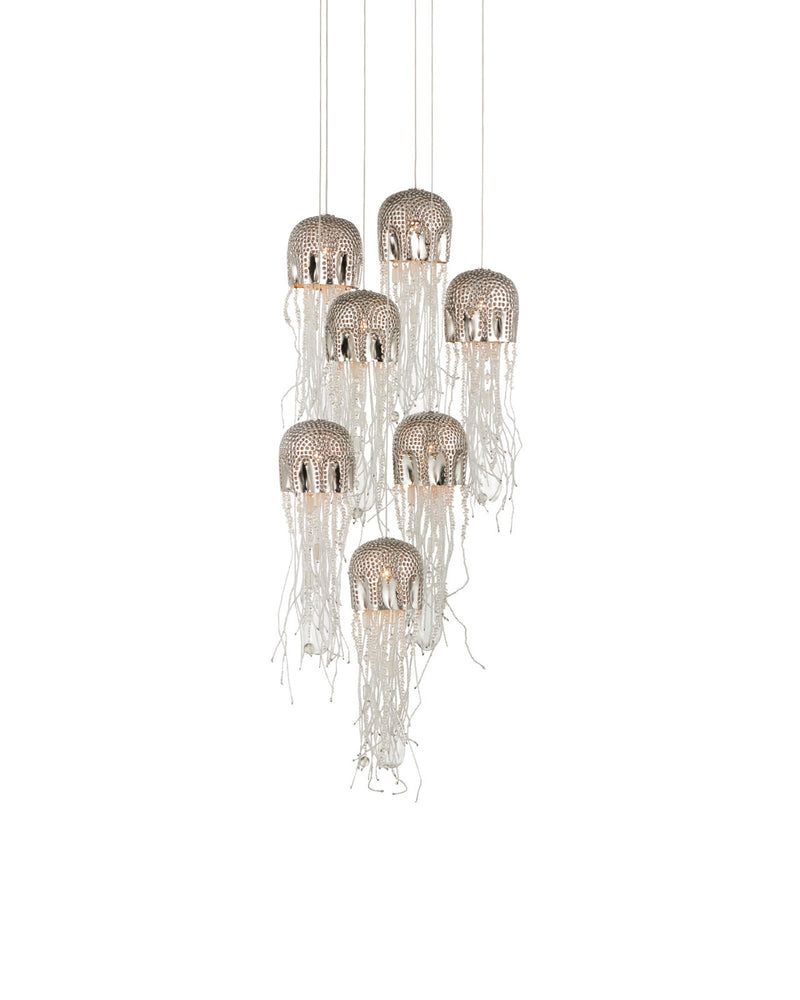Medusa 7-Light Round Multi-Drop Pendant in Nickel / Clear / Silver
