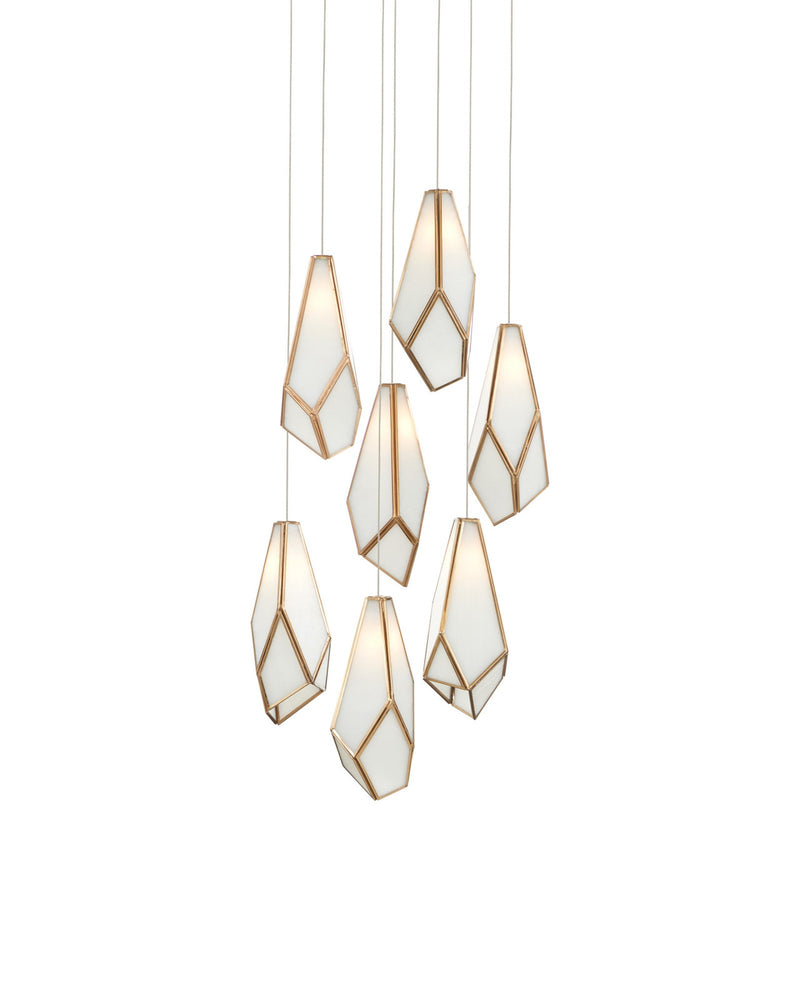 Glace 7-Light Round Multi-Drop Pendant in White / Antique Brass / Silver