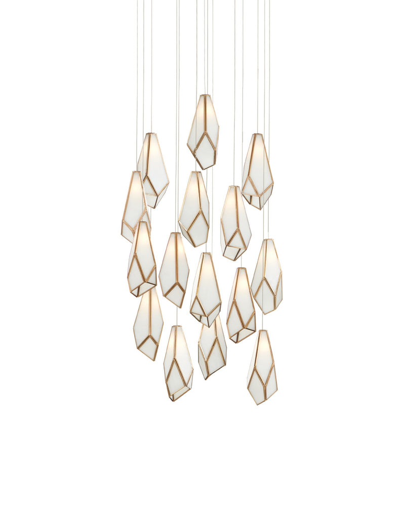 Glace 15-Light Round Multi-Drop Pendant in White / Antique Brass / Silver