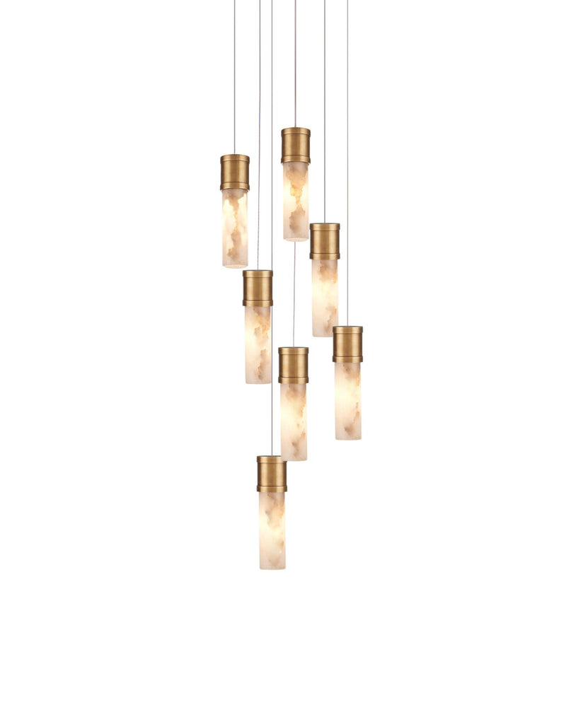 Cannula 7-Light Round Multi-Drop Pendant in Vintage Brass / White / Silver