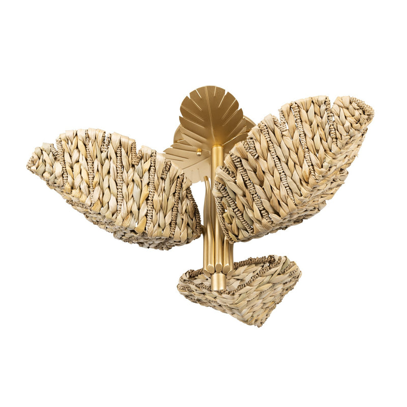 Banana Leaf 3-Light 24.2" Semi-Flush Mount with Seagrass in French Gold/Natural Seagrass