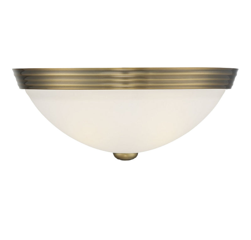 White Etched Glass 13" 2-Light Flush Mount in Warm Brass