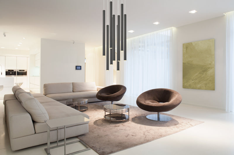 Forest 9 Light 16" Pendant, 24" Tall in Pearl Black in a room setting