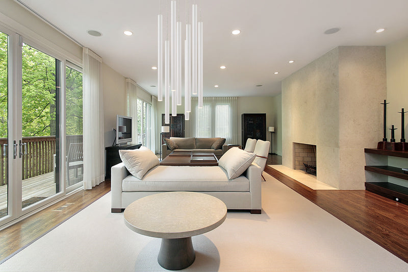 Forest 9 Light 16" Pendant, 24" Tall in Matte White in a room setting