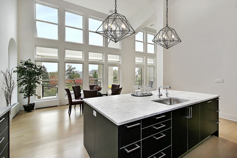 Geo 3 Light 14.25" Chandelier in Matte Black + Chrome in a room setting