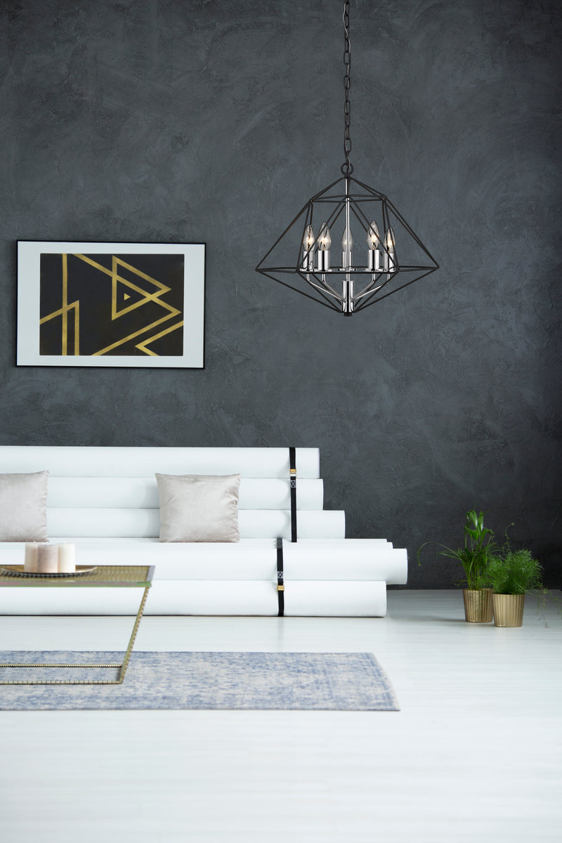 Geo 5 Light 18" Chandelier in Matte Black + Chrome in a room setting