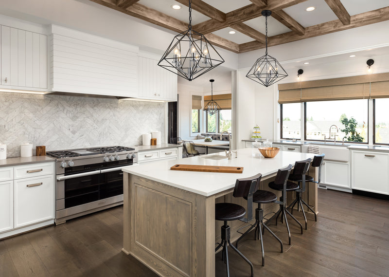 Geo 5 Light 18" Chandelier in Matte Black + Chrome in a room setting
