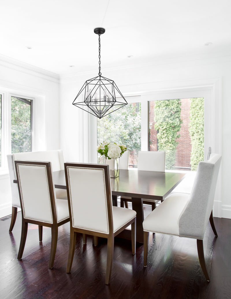 Geo 6 Light 22.25" Chandelier in Matte Black + Chrome in a room setting