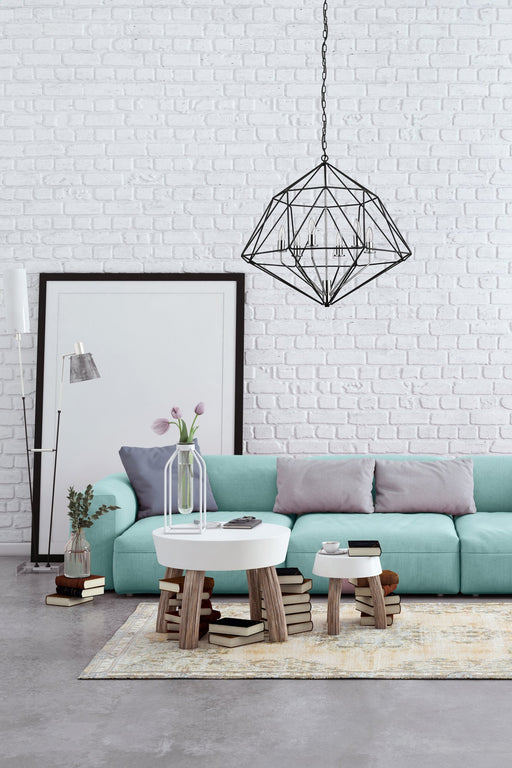 Geo 6 Light 30" Chandelier in Matte Black + Chrome in a room setting