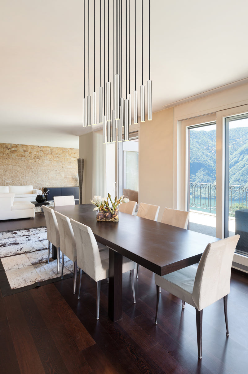 Forest 17 Light 42" Linear Pendant, 12" Tall in Brushed Nickel in a room setting