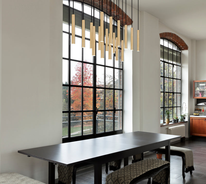 Forest 17 Light 42" Linear Pendant, 12" Tall in Modern Gold in a room setting