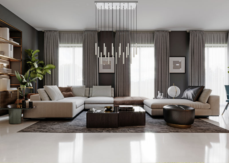 Forest 23 Light 54" Linear Pendant, 12" Tall in Brushed Nickel in a room setting
