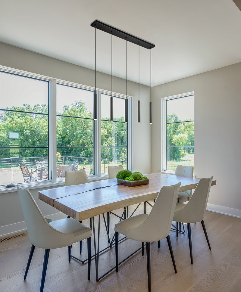 Forest 5 Light 42" Linear Pendant, 12" Tall in Matte Black in a room setting