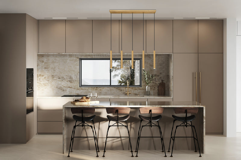 Forest 5 Light 42" Linear Pendant, 12" Tall in Modern Gold in a room setting