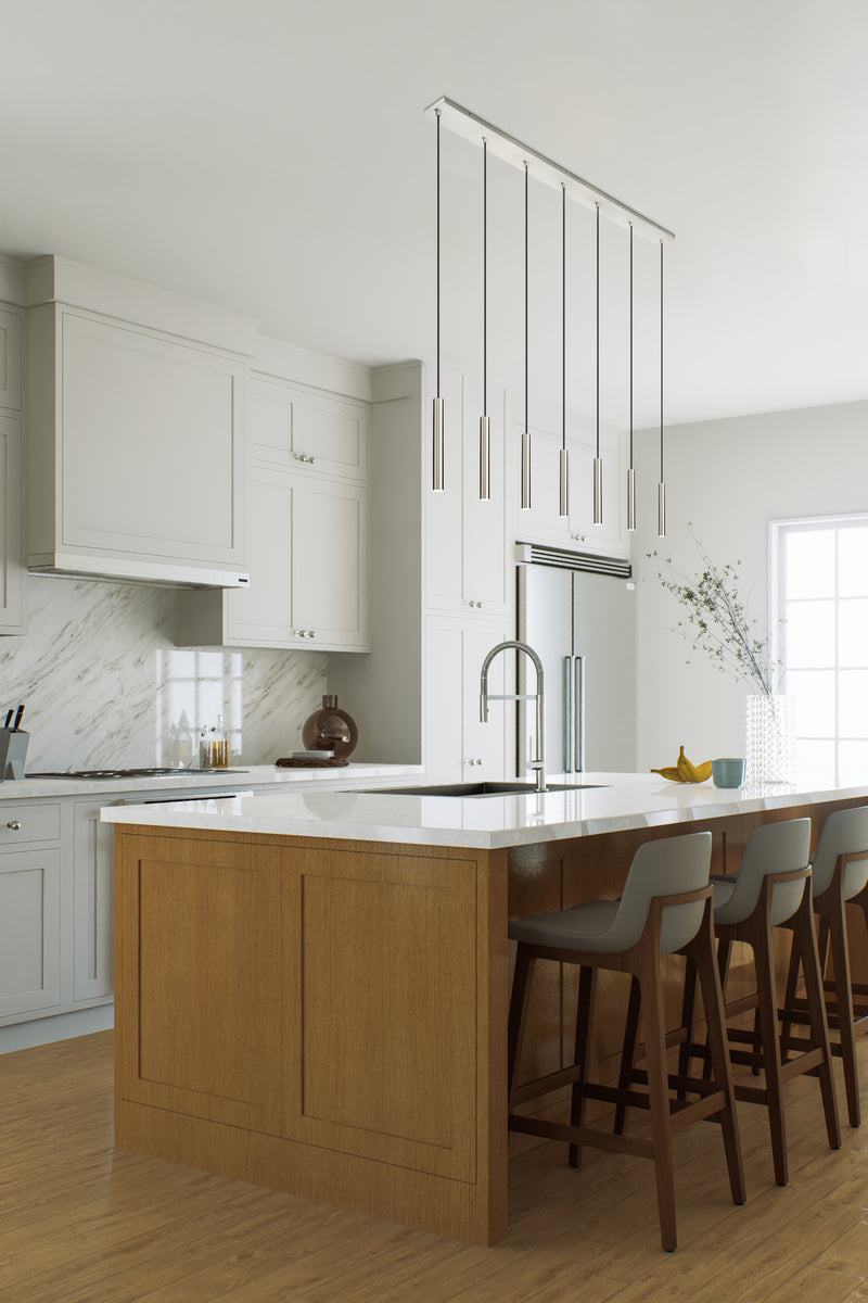 Forest 7 Light 54" Linear Pendant, 12" Tall in Brushed Nickel in a room setting