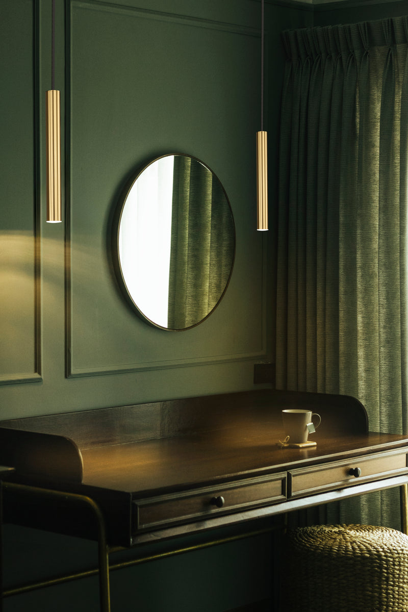Forest 1 Light 4.75" Pendant, Brushed Nickel, Matte Black or Modern Gold Shades, 919 Series, 12" Tall in Modern Gold in a room setting