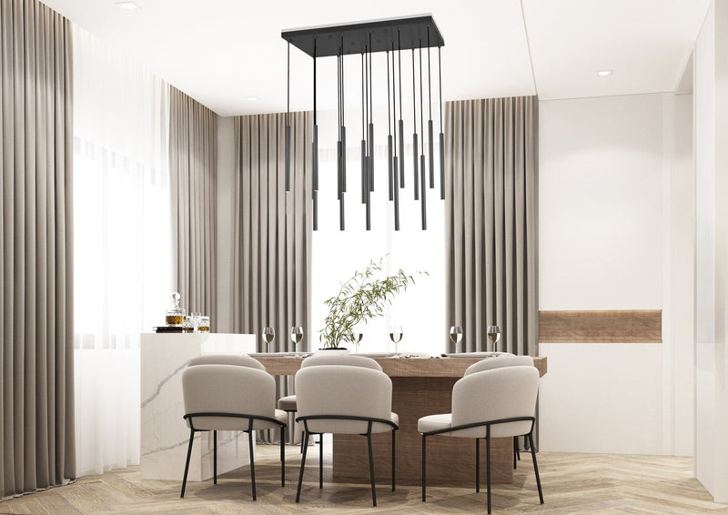 Forest 17 Light 42" Linear Pendant, 23.75" Tall in Matte Black in a room setting