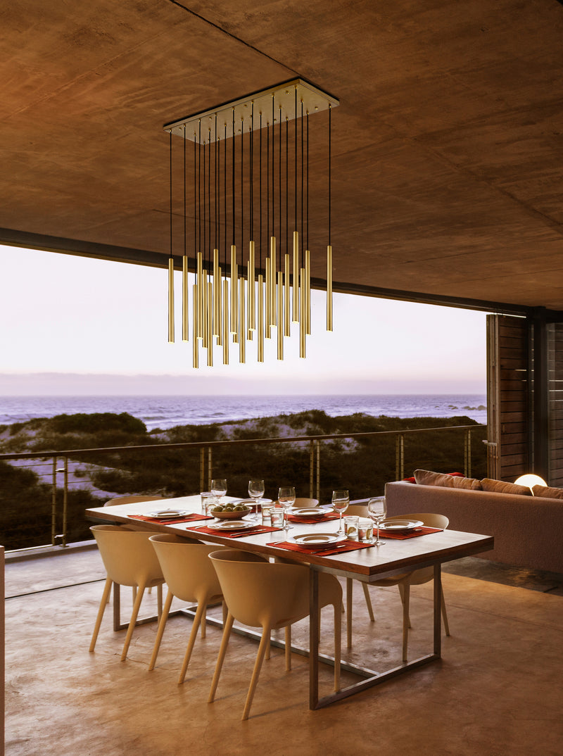 Forest 23 Light 54" Linear Pendant, 23.75" Tall in Modern Gold in a room setting