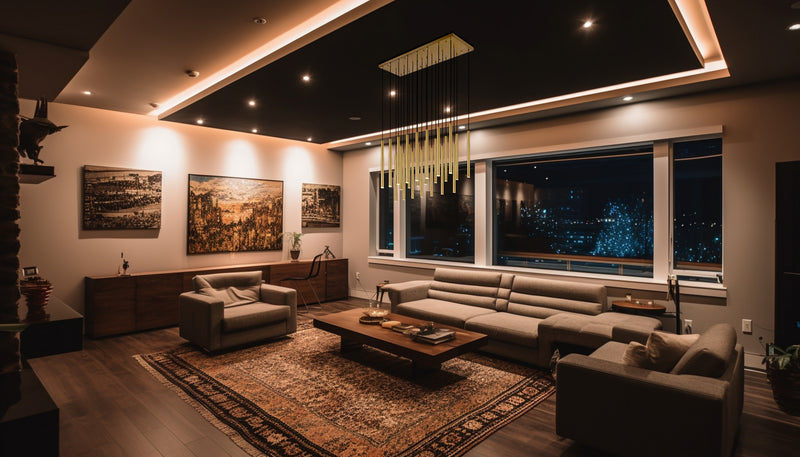 Forest 23 Light 54" Linear Pendant, 23.75" Tall in Modern Gold in a room setting