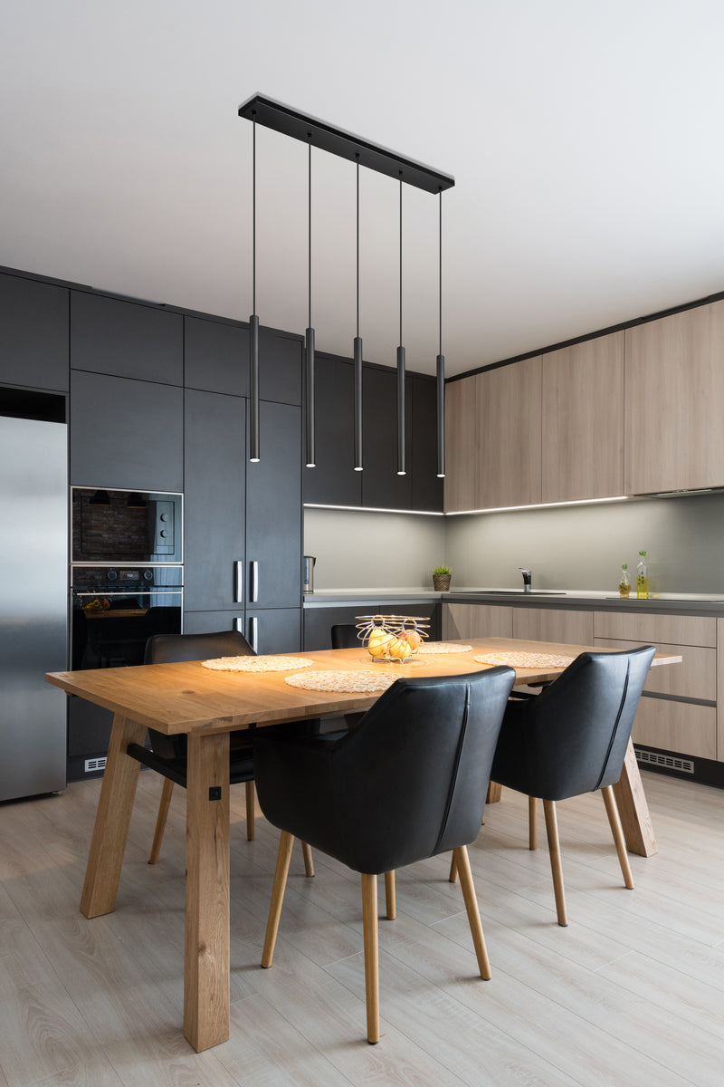 Forest 5 Light 42" Linear Pendant, 23.75" Tall in Matte Black in a room setting