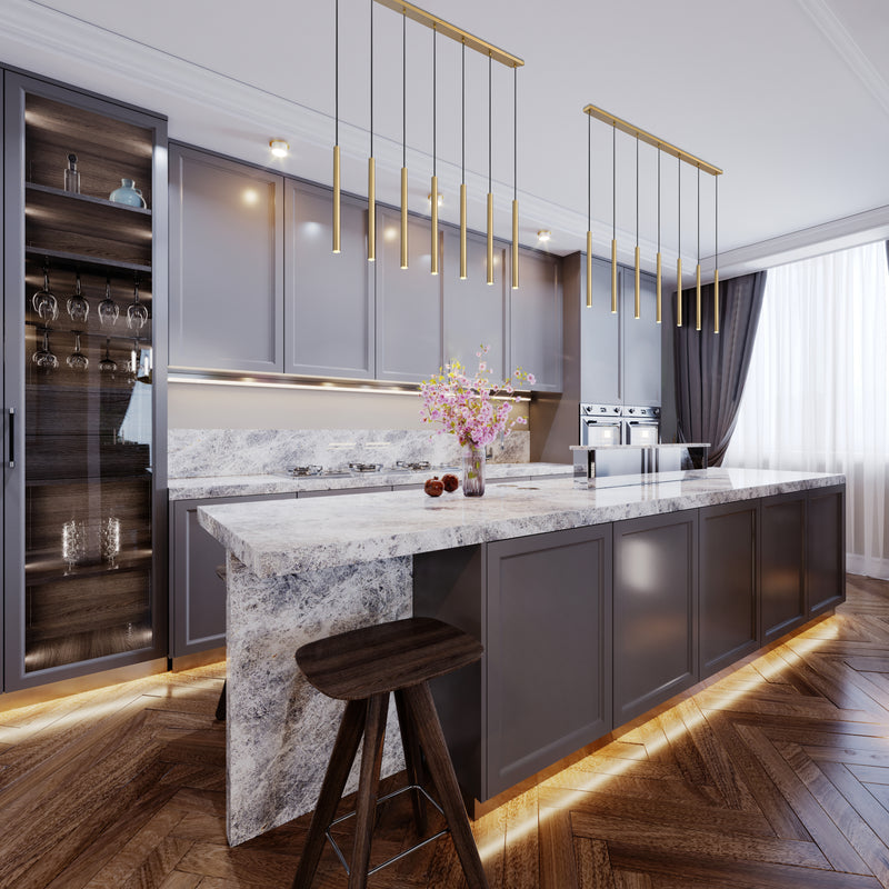 Forest 7 Light 54" Linear Pendant, 23.75" Tall in Modern Gold in a room setting