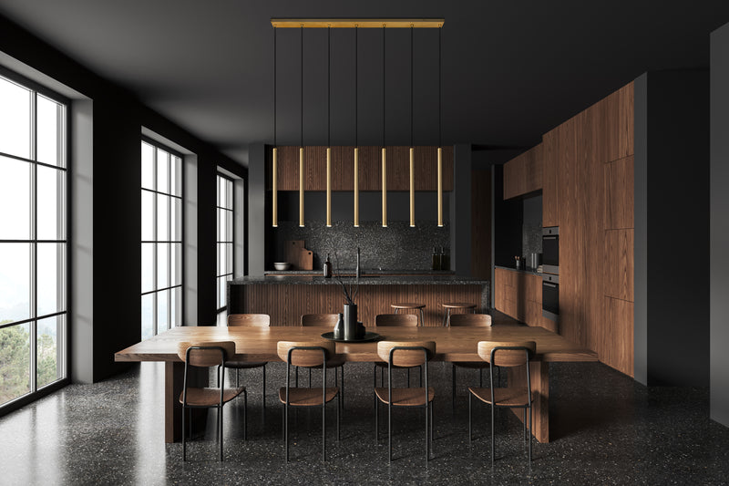 Forest 7 Light 54" Linear Pendant, 23.75" Tall in Modern Gold in a room setting