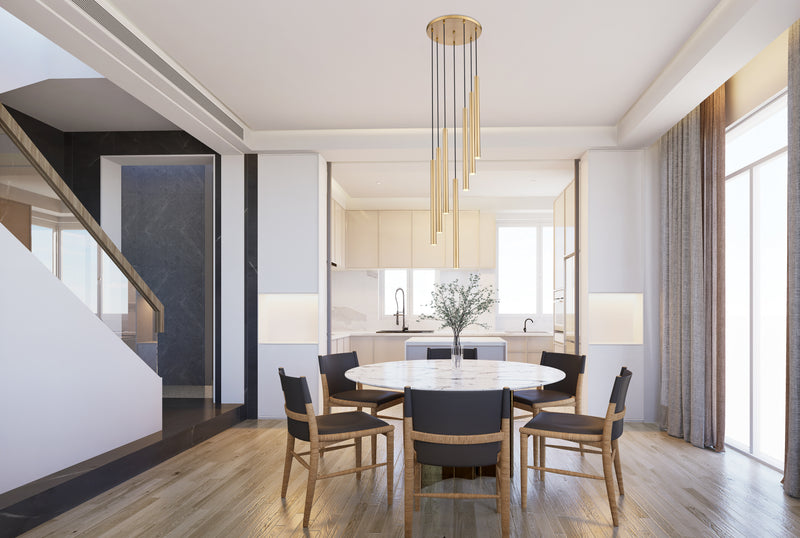 Forest 7 Light 18" Pendant, 23.75" Tall in Modern Gold in a room setting