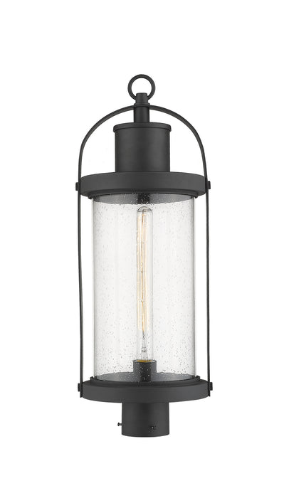 Roundhouse 1 Light Outdoor Post Mount Fixture in Black with Clear Seedy Glass