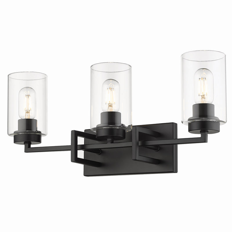 Tribeca 3-Light Bath Vanity in Matte Black with Clear Glass Cylinder