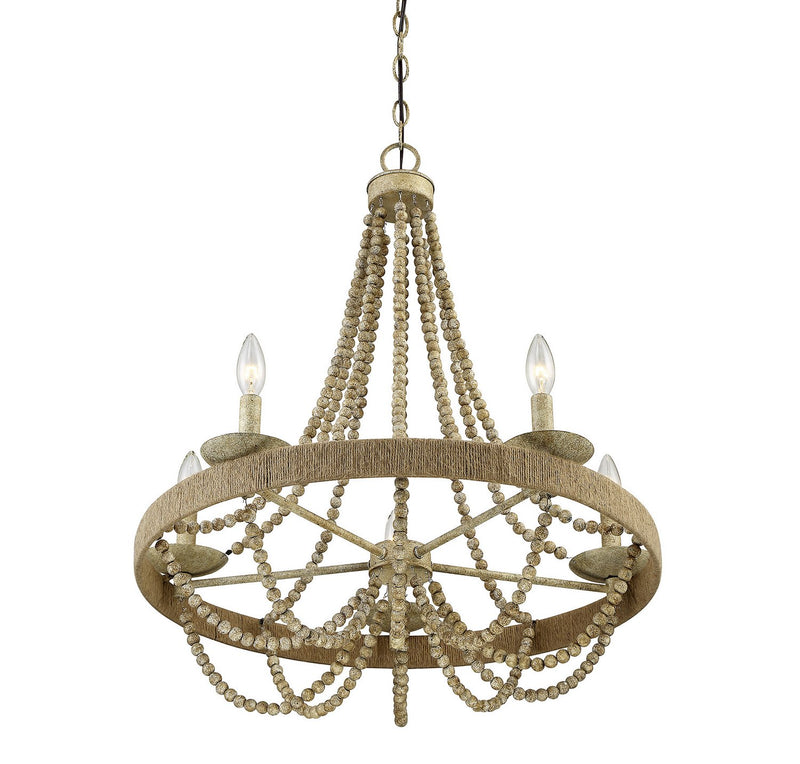 Rustic Rope and Bead 26" 5-Light Chandelier in Natural Wood with Rope