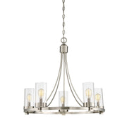 Clear Glass Cylinder 26" 5-Light Chandelier in Brushed Nickel