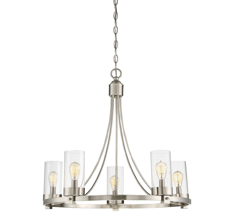 Clear Glass Cylinder 26" 5-Light Chandelier in Brushed Nickel