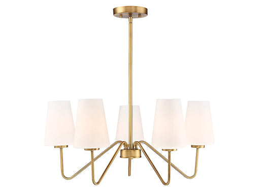 Mid-Century White Glass 26" 5-Light Chandelier in Natural Brass