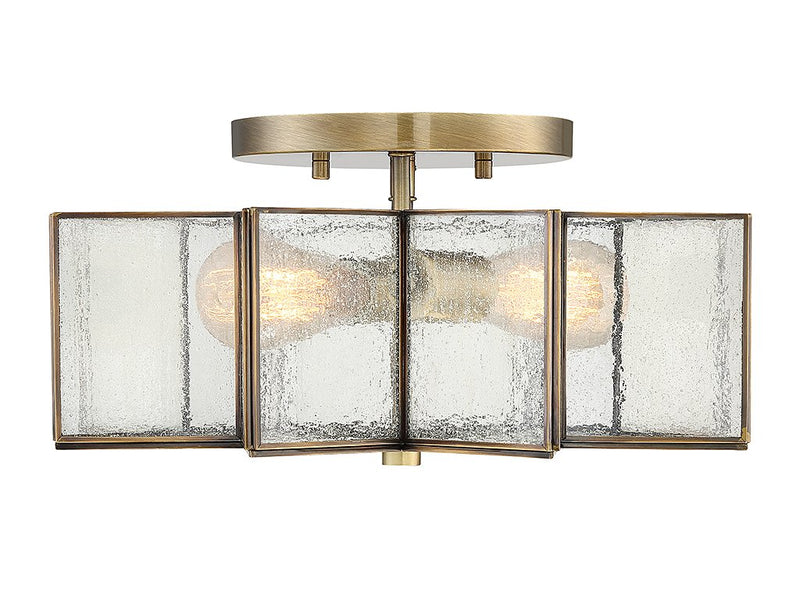 Geometric Seeded Glass 16" 2-Light Semi-Flush Mount in Natural Brass