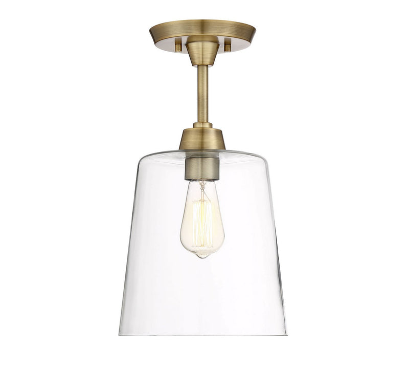 Clear Cone Glass 1-Light Semi-Flush Mount in Natural Brass