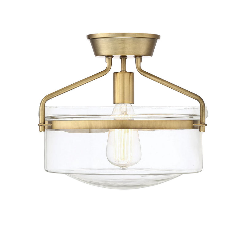 Clear Bowl Glass 1-Light Semi-Flush Mount in Natural Brass