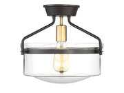 Clear Bowl Glass 1-Light Semi-Flush Mount in Oil Rubbed Bronze with Natural Brass