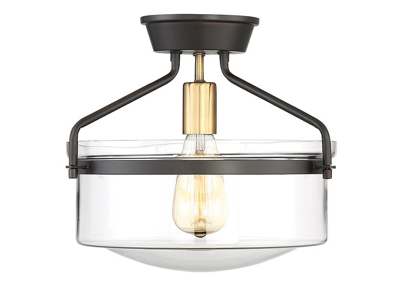 Clear Bowl Glass 1-Light Semi-Flush Mount in Oil Rubbed Bronze with Natural Brass