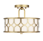Mid-Century Metal and Fabric Drum 13" 2-Light Semi-Flush Mount in Natural Brass