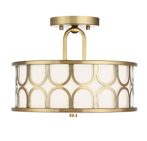 Mid-Century Metal and Fabric Drum 13" 2-Light Semi-Flush Mount in Natural Brass